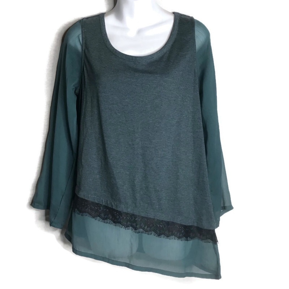 Asymetrical Hem Heathered Blue Sheer Sleeves Trim